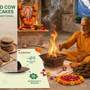 May include: Round, flat, textured cow dung cakes arranged in a woven basket and on a metal plate. The text reads CRAFTED COW DUNG CAKES, NATURAL & TRADITIONAL, HAVAN, PURIFIES AIR, and POSITIVITY BOOST. These items are used in a ritual fire.