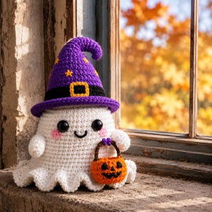 May include: A white crocheted ghost figurine wearing a purple pointed hat with yellow star accents and a black band with a yellow buckle. The ghost has black eyes, a small smile, pink cheeks, and holds a small orange crocheted pumpkin bucket.