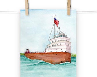 Watercolor Art Print: Lake Freighter on the St. Clair River (Choose a Size)