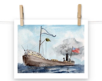 Historic Wooden Great Lakes Steamship Freighter Art Print (Choose a Size)