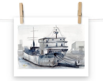 Docked Freighter Monochromatic Watercolor Art Print on Thick Paper (Choose a Size)