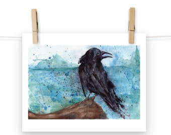 Watercolor Crow at the Seaside Art Print (Choose a Size)