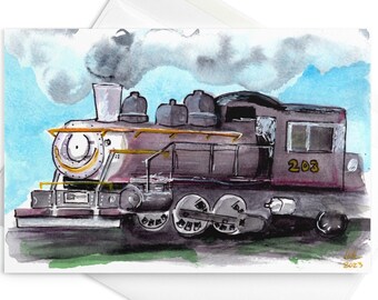 Marysville Park Train Engine Watercolor Art Print Greeting Card with Envelope