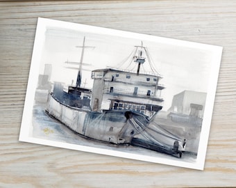 Docked Freighter Watercolor Art Print Postcard