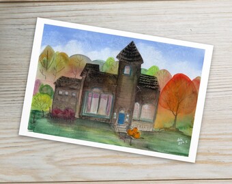 Carte postale impression d'art aquarelle maison hantée