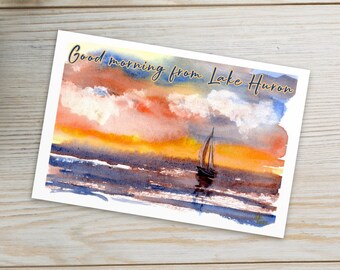 Good Morning from Lake Huron, Sailboat Watercolor Art Print Postcard