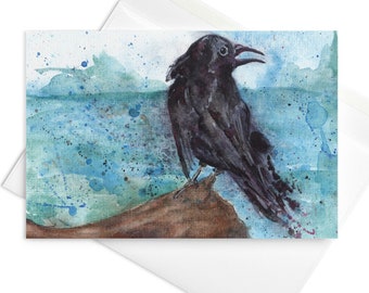 Watercolor Crow at Seaside Art Print Greeting Card with Envelope