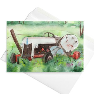 Cartão de felicitações com impressão artística de trator agrícola antigo e envelope