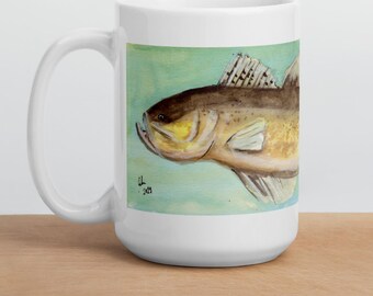 Watercolor Walleye Fish on a White Glossy Mug (Choose a Size)