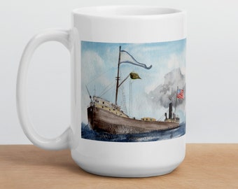 Great Lakes Steamship Mug, Historic Freighter Watercolor Art