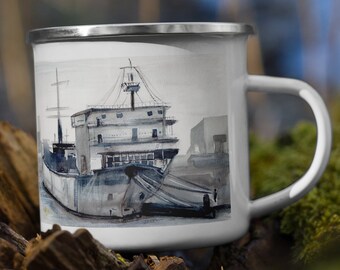 Docked Freighter Watercolor Art Print Metal Camp Mug