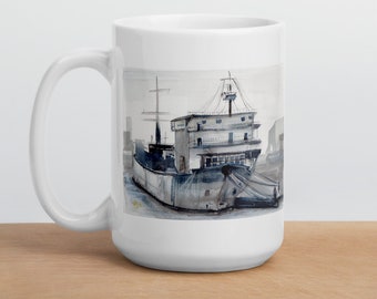 Docked Freighter Watercolor Art Print Ceramic Mug (Choose a Size)