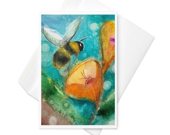 Bee and Flower Blossom Watercolor Art Print Greeting Card with Envelope