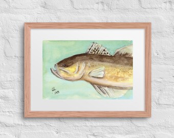 Walleye Watercolor Framed and Matted Art Print - 12" x 16"