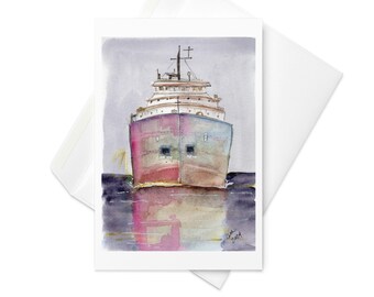 Great Lakes Freighter Watercolor Greeting Card with Envelope