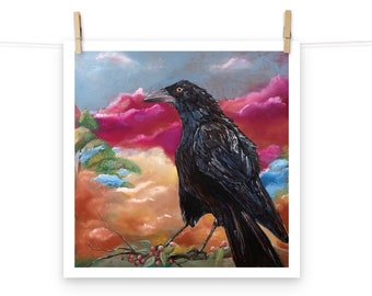 Crow with Vivid, Colorful Background Sky Art Print Painting on Paper (Choose a Size)