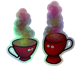 Holographic Stickers - Lovey-dovey Coffee Cup Characters (Choose a Size)