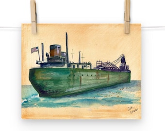 Green Lake Freighter Gouache Art Print (Choose a Size)
