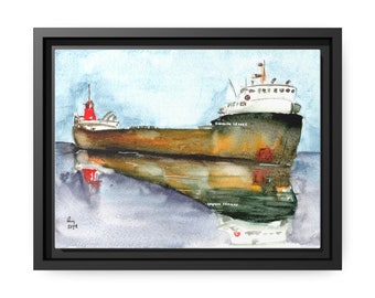 Framed Watercolor Art Print Freighter on Matte Canvas in a Black Frame (9" x 12")