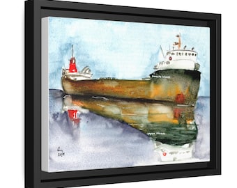 Great Lakes Freighter Watercolor Art Print on Framed Matte Canvas - 9" x 12"