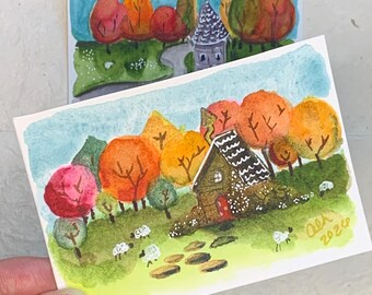 Set of 2 Original Watercolor Mini Paintings: Nine Sheep in Autumn (2.5" x 3.5")