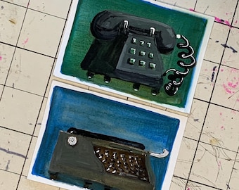 Original Gouache Mini Paintings -  Vintage Office Objects (Set of 2)