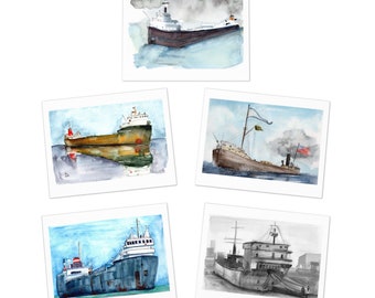 Great Lakes Freighters Watercolor Art Print Greeting Cards (5-Pack)