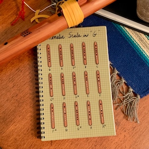 May include: A brown notebook with a spiral binding and a tan cover. The cover has a grid pattern and the text "Chromatic Scale in "G" written in black ink. The notebook has a diagram of a flute with holes marked to show the notes of the chromatic scale.
