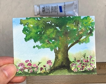 Artist Trading Card: Tree and Sweet William in Gouache (2.5" x 3.5")