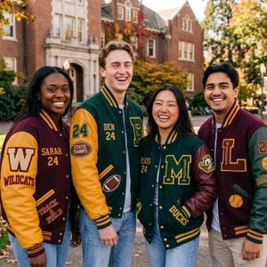 May include: Four individuals wearing custom varsity jackets in maroon, green, and yellow. The jackets feature embroidered letters, names like Sarah, Ben, and Maya, the number 24, and sports-themed patches including a football and a duck mascot.