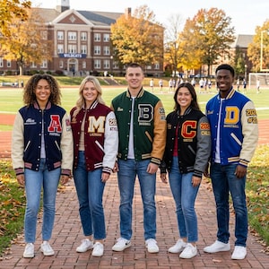 May include: Five individuals wearing varsity jackets in navy, maroon, dark green, black, and royal blue with cream sleeves. Each jacket features a large letter patch, sport name, and the year 2023. They are paired with blue denim jeans and white sneakers.