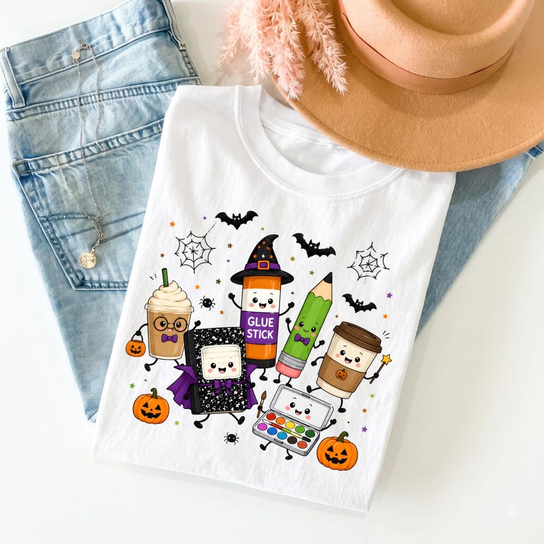 Puede incluir: Una camiseta blanca con un estampado gr&aacute;fico colorido de material escolar antropom&oacute;rfico, que incluye un pegamento en barra con sombrero de bruja, un l&aacute;piz, un cuaderno con capa, una caja de pinturas y dos tazas de caf&eacute;, rodeados de murci&eacute;lagos, ara&ntilde;as y calabazas.