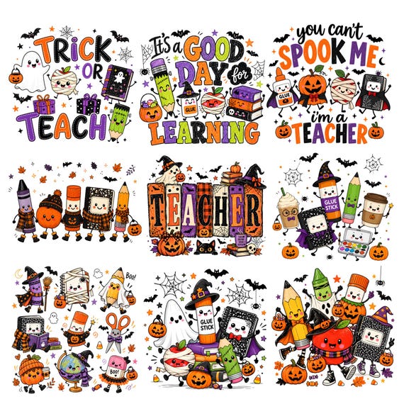 Halloween Teacher PNG Bundle, Cute Teacher Clipart, Spooky Classroom Design, Fall Pumpkin Digital Download, Educator Gift, Printable Art