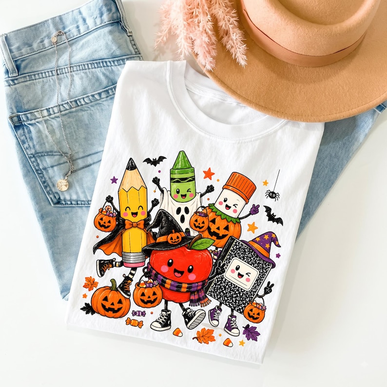 Puede incluir: Una camiseta blanca con un gr&aacute;fico colorido de &uacute;tiles escolares antropom&oacute;rficos disfrazados para Halloween, incluyendo un l&aacute;piz, cray&oacute;n, pegamento, manzana y cuaderno, rodeados de peque&ntilde;as calabazas, murci&eacute;lagos y hojas de oto&ntilde;o.