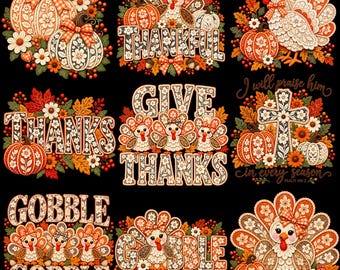 Puede incluir: Una colección de nueve diseños gráficos con temática de Acción de Gracias sobre fondo negro con pavos, calabazas y motivos florales. El texto incluye Thankful, Thanks, Give Thanks, I will praise him in every season y Gobble Gobble.