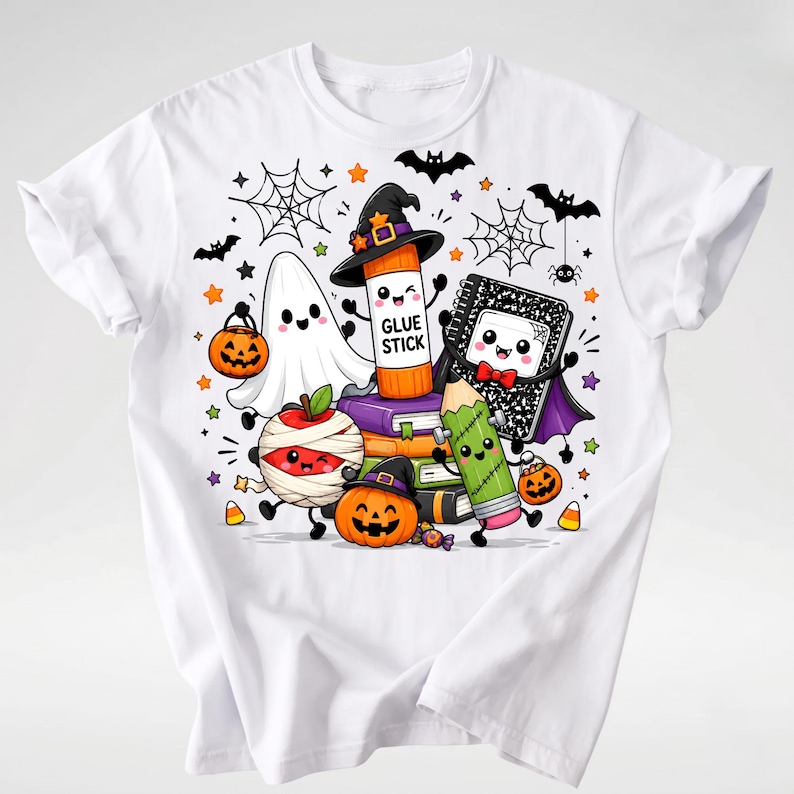 Puede incluir: Una camiseta blanca con un gr&aacute;fico colorido de Halloween que muestra un fantasma, un pegamento en barra con sombrero de bruja, una manzana momia, un cuaderno, un l&aacute;piz y una calabaza, todos con caras sonrientes, rodeados de murci&eacute;lagos.