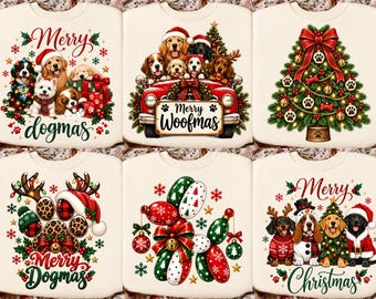 Puede incluir: Seis sudaderas de color crema con gráficos de temática navideña. Los diseños incluyen perros con regalos, perros en un camión rojo con el texto Merry Woofmas, un árbol decorado, una pata con estampado de leopardo, adornos y perros navideños.