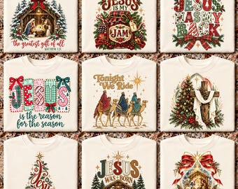Puede incluir: Una colección de nueve camisetas color crema con varios gráficos religiosos de temática navideña, incluyendo escenas de natividad, los tres reyes magos, una cruz con un árbol y textos como Jesus is my jam y Jesus has my back.