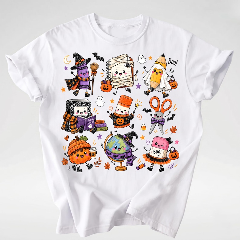 Puede incluir: Una camiseta blanca con un estampado gr&aacute;fico colorido de varios &uacute;tiles escolares antropom&oacute;rficos disfrazados de Halloween, incluyendo un cray&oacute;n bruja, un cuaderno momia, un l&aacute;piz fantasma y un globo terr&aacute;queo con sombrero de bruja, con el texto Boo!