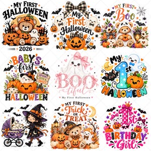 Pode incluir: Uma coleção de nove designs gráficos com tema de Halloween, apresentando ilustrações de ursinhos, fantasmas, abóboras, morcegos e bruxas, com textos como My First Halloween 2026, My First Boo, Baby's First Halloween e Boo-tiful.