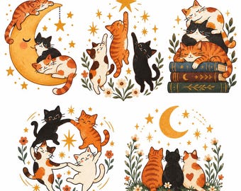 Puede incluir: Una colección de ilustraciones con gatos naranjas, negros y blancos en varias escenas, incluyendo gatos descansando sobre una luna creciente amarilla, jugando con estrellas, durmiendo sobre libros y bailando en un círculo en un campo.