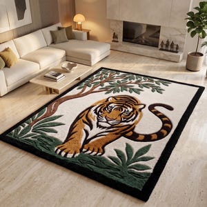 Alfombra con diseño de tigre, alfombra de lana tejida a mano, alfombra con diseño de animales de la selva, alfombra infantil estilo safari, alfombra de lujo para sala de estar, decoración para el hogar con temática de vida silvestre.