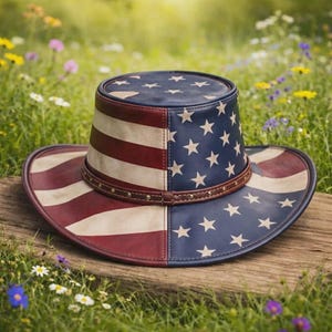 Könnte beinhalten: Ein breitkrempiger Hut mit einem geteilten Design im Muster der amerikanischen Flagge. Eine Seite zeigt rote und weiße horizontale Streifen, während die andere Seite ein blaues Feld mit weißen Sternen aufweist. Ein braunes Band mit Nieten umschließt die Krone.
