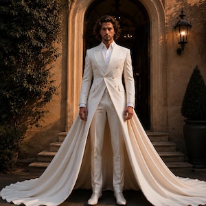 ivory wedding dress with white groom shirt Mens Train long dress wrap