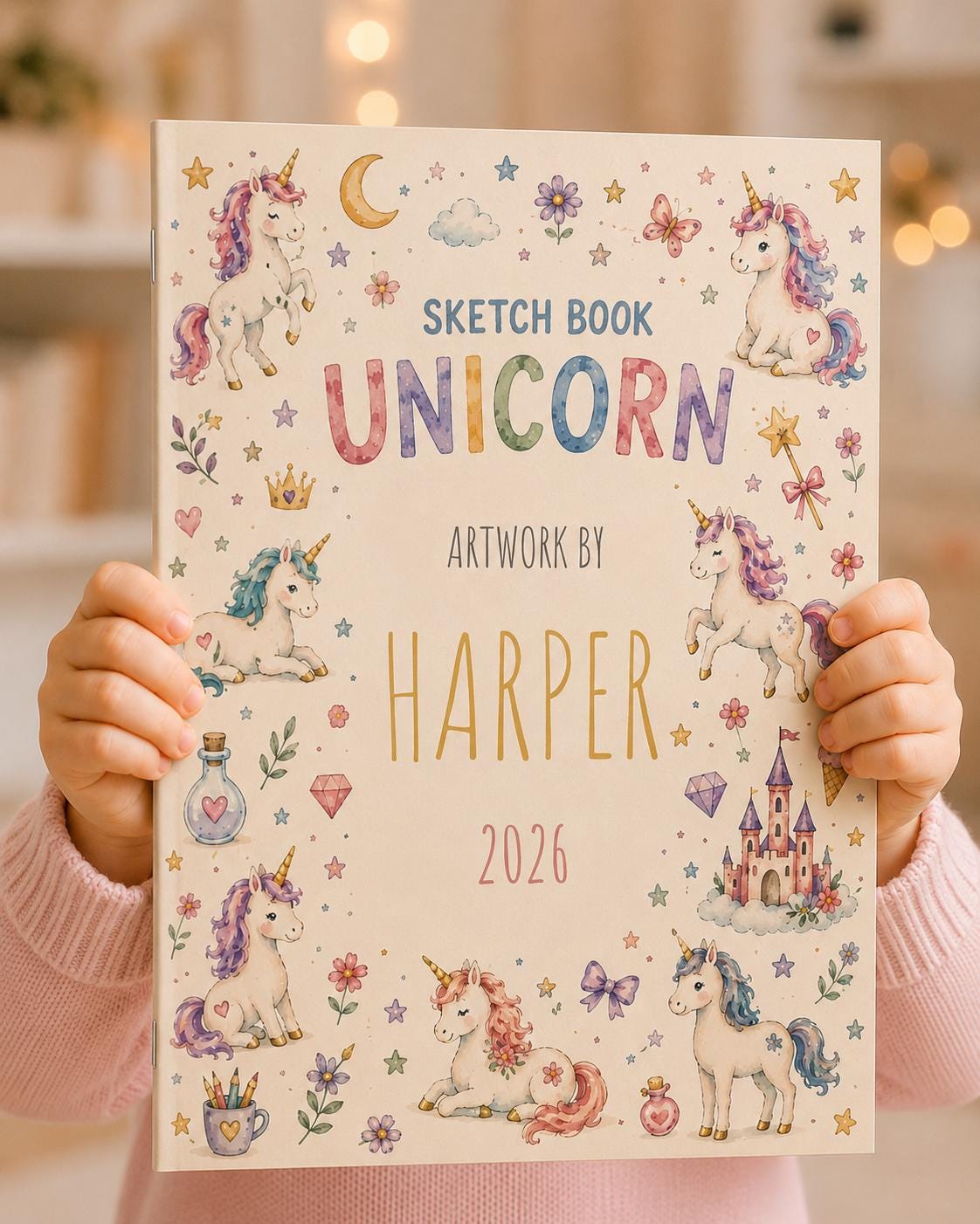 Personalized Watercolor Unicorn Sketchbook Large Kids Blank Coloring Book Sketches & Doodles Custom Name and Year Girl Birthday Gift