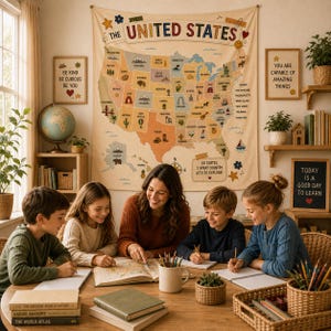 Peut inclure: Une grande tapisserie murale représentant une carte colorée des États-Unis avec des illustrations pour chaque état, le texte 'THE UNITED STATES' et '50 STATES 1 GREAT COUNTRY LOTS TO EXPLORE!', exposée dans une pièce avec des livres, des plantes et un globe.