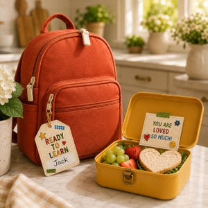 Può includere: Uno zaino color ruggine con un'etichetta READY TO LEARN Jack e un portapranzo giallo aperto contenente uva verde, fragole e un panino a forma di cuore con un biglietto con scritto YOU ARE LOVED SO MUCH con un cuore e una faccina.