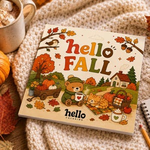 May include: A square colouring book titled Hello Fall with a cover illustration of a bear and cat in an autumn landscape featuring pumpkins, a house, and trees. The text Hello Fall and hello coloring is printed on the front cover in a colourful font.