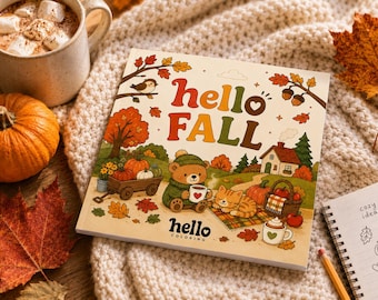 May include: A square coloring book titled Hello Fall with a cover illustration of a bear and cat in an autumn landscape featuring pumpkins, a house, and trees. The text Hello Fall and hello coloring is printed on the front cover in a colorful font.