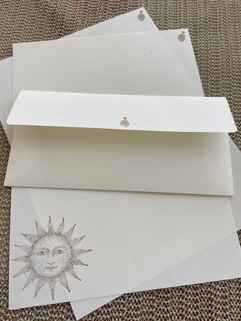Hand made stationery set, writing paper with a mystic sun stamped on creamy, off-white writing paper, set of 30 pieces. image 2